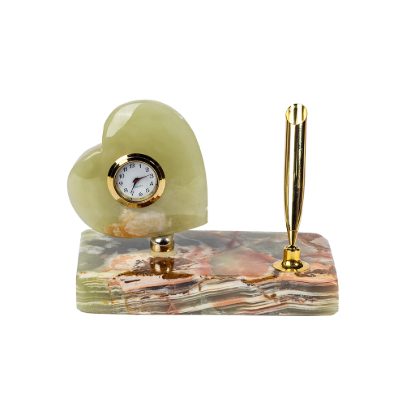 Picture of Green Onyx Stone Desk Set with Heart Clock and Gold Pen Holder – Handcrafted Luxury Office Accessory