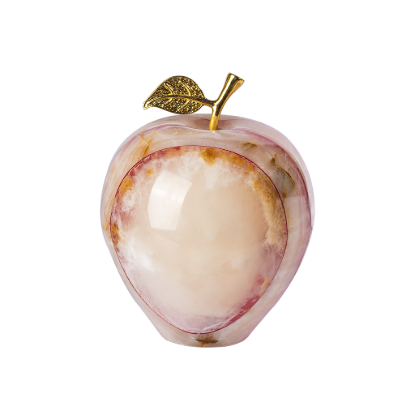 Picture of Pink Onyx Stone Decorative Apple with Gold Stem and Leaf – Handcrafted Luxury Fruit Sculpture