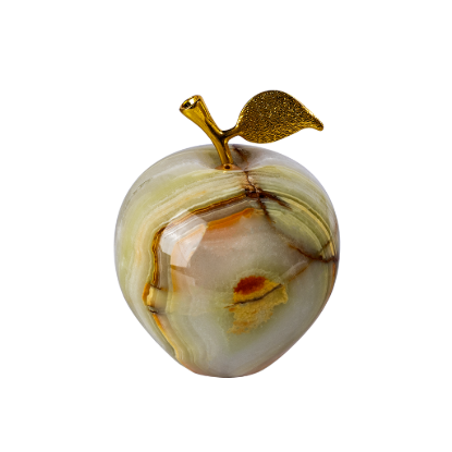 Picture of Natural Onyx Stone Decorative Apple with Gold Stem and Leaf – Handcrafted Luxury Fruit Sculpture